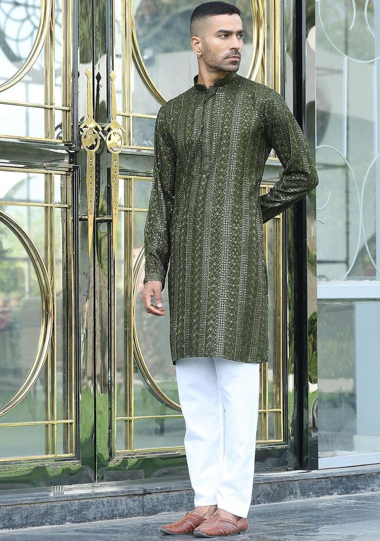 Olive Embroidered Viscose Kurta Set For Men - Indya