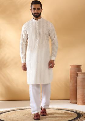 Beige Embroidered Cotton Kurta Set For Men
