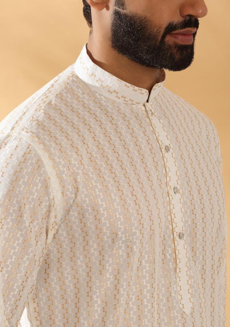 Beige Embroidered Cotton Kurta Set For Men - Indya