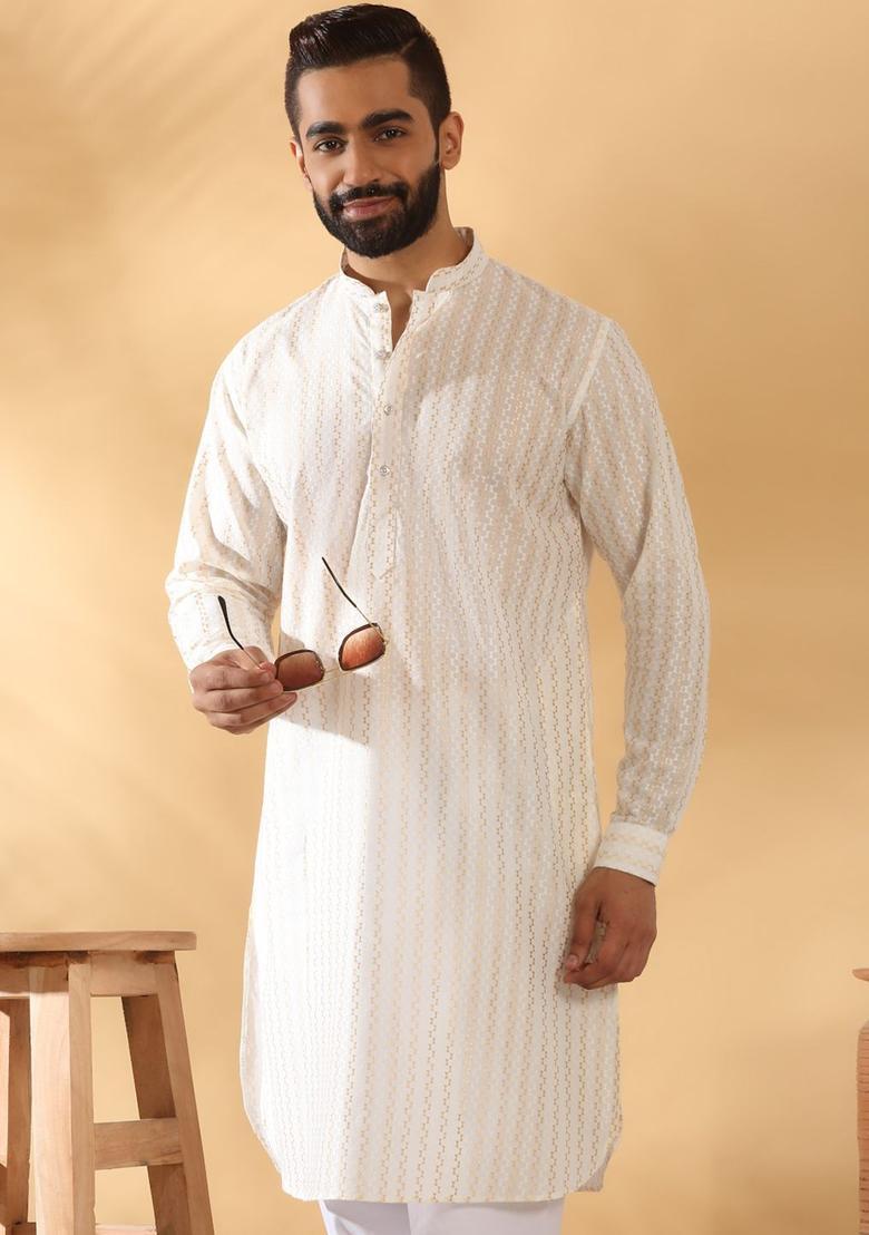Beige Embroidered Cotton Kurta Set For Men - Indya