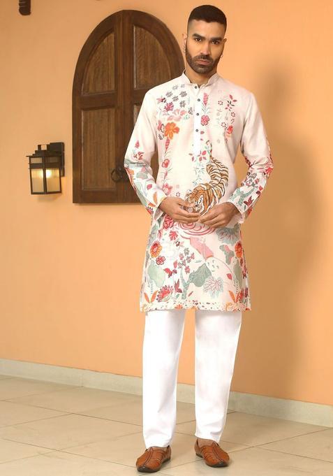 Beige Printed Cotton Kurta Set For Men