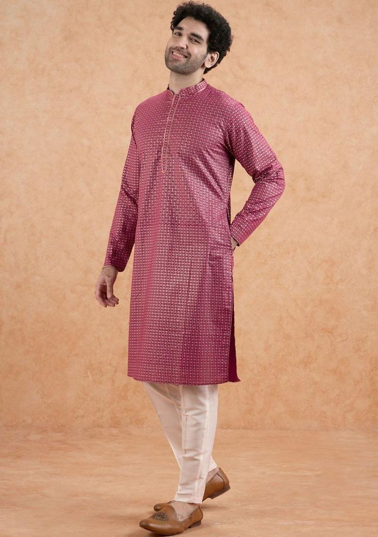 Maroon Printed Silk Kurta Set For Men - Indya