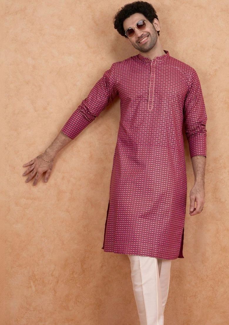 Maroon Printed Silk Kurta Set For Men - Indya