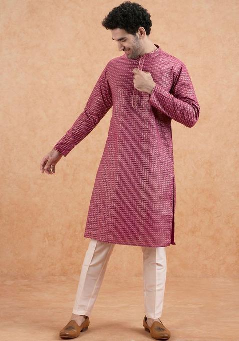 Maroon Printed Silk Kurta Set For Men