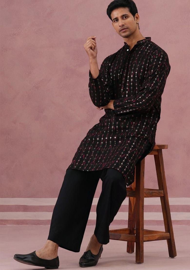 Black Woven Design Silk Kurta Set For Men - Indya