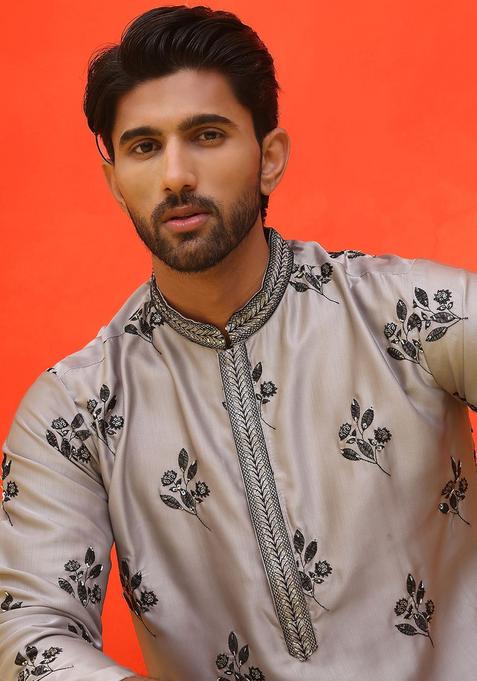 Grey Embroidered Silk Kurta Set For Men