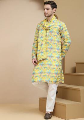 Yellow Printed Silk Kurta Set For Men