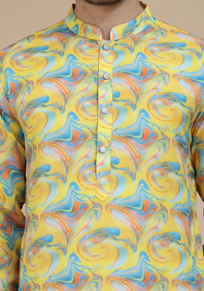 Yellow Printed Silk Kurta Set For Men - Indya