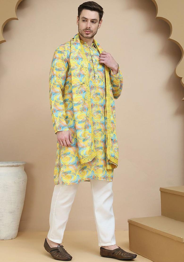 Yellow Printed Silk Kurta Set For Men - Indya