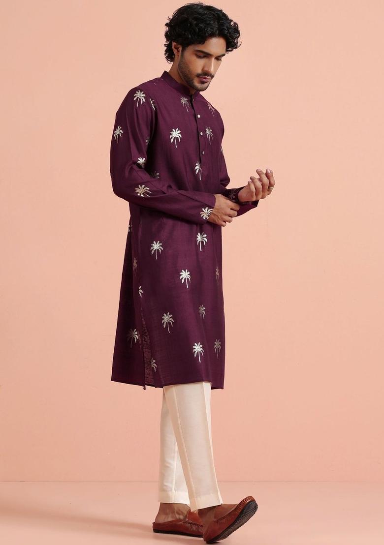 Maroon Embroidered Cotton Kurta Set For Men - Indya