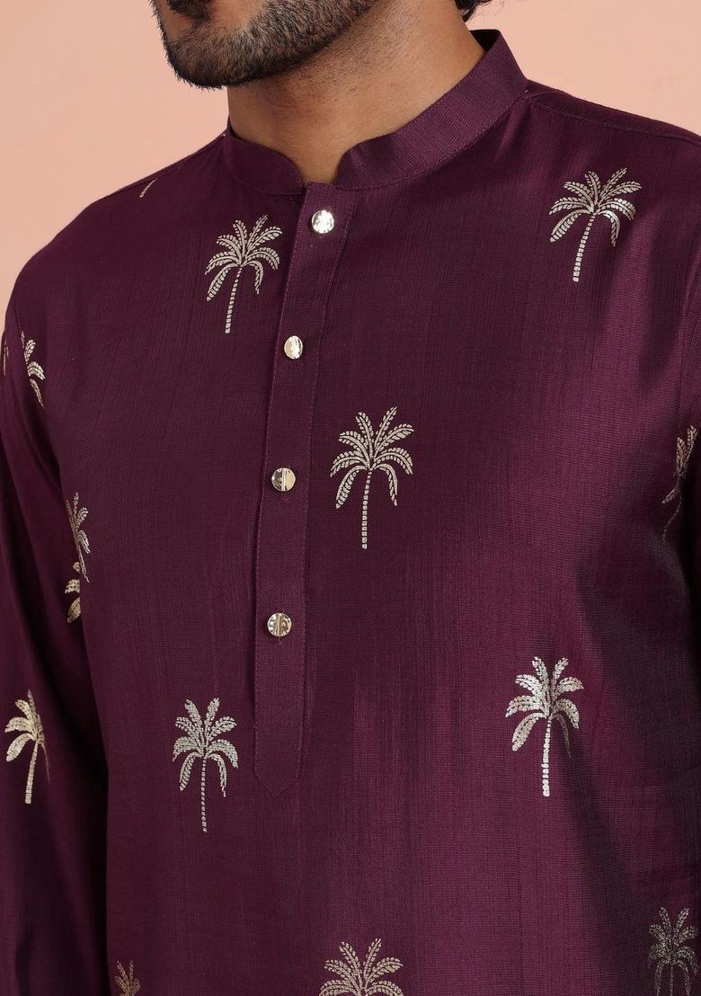Maroon Embroidered Cotton Kurta Set For Men - Indya