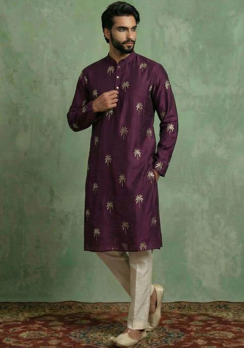 Maroon Embroidered Cotton Kurta Set For Men
