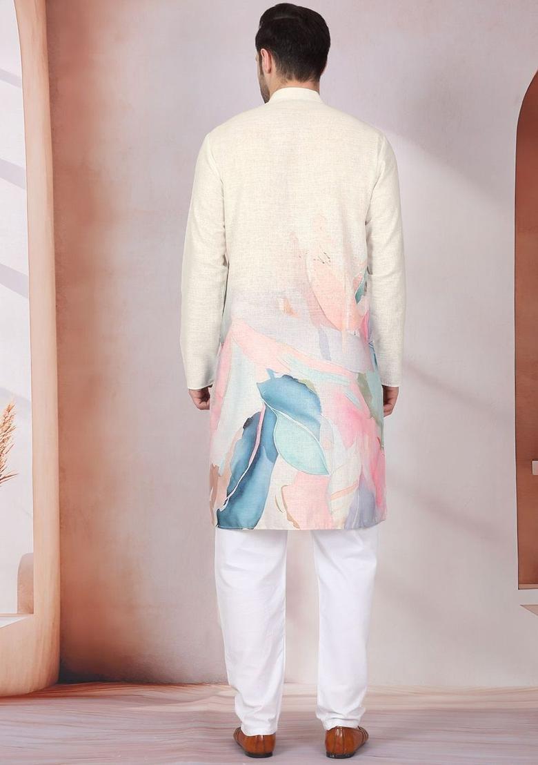 Beige Printed Cotton Kurta Set For Men - Indya