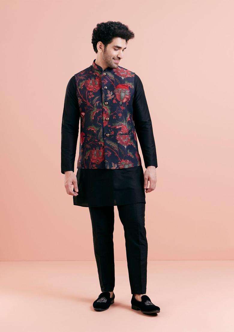 Black Solid Cotton Kurta Set For Men - Indya