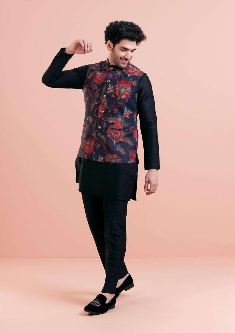 Black Solid Cotton Kurta Set For Men - Indya