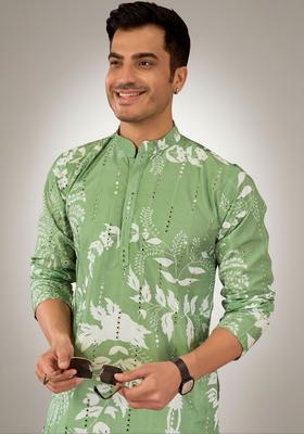 Green Printed Polyester Kurta Set For Men