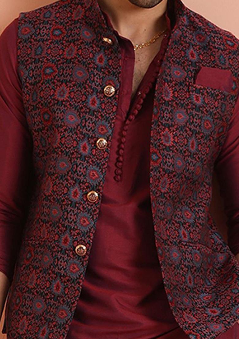 Maroon Woven Design Silk Kurta Set For Men - Indya