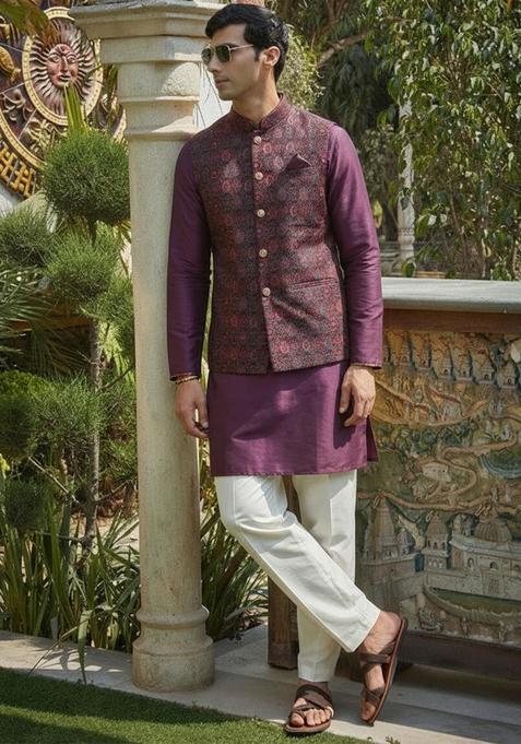 Maroon Woven Design Silk Kurta Set For Men
