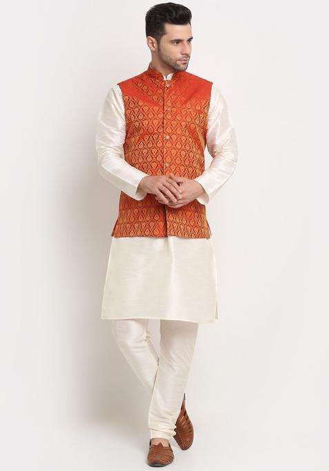 Beige Solid Silk Kurta Set For Men