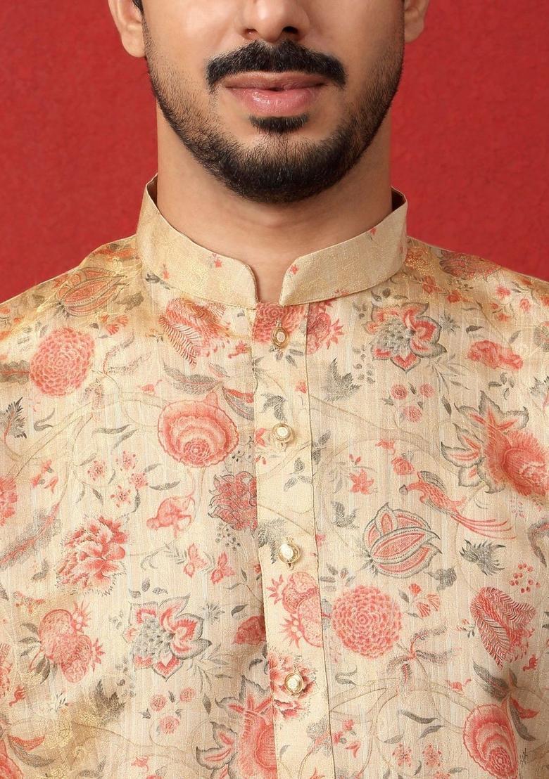 Beige Printed Silk Kurta Set For Men - Indya