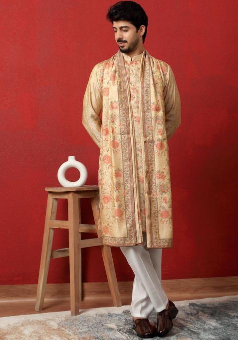 Beige Printed Silk Kurta Set For Men