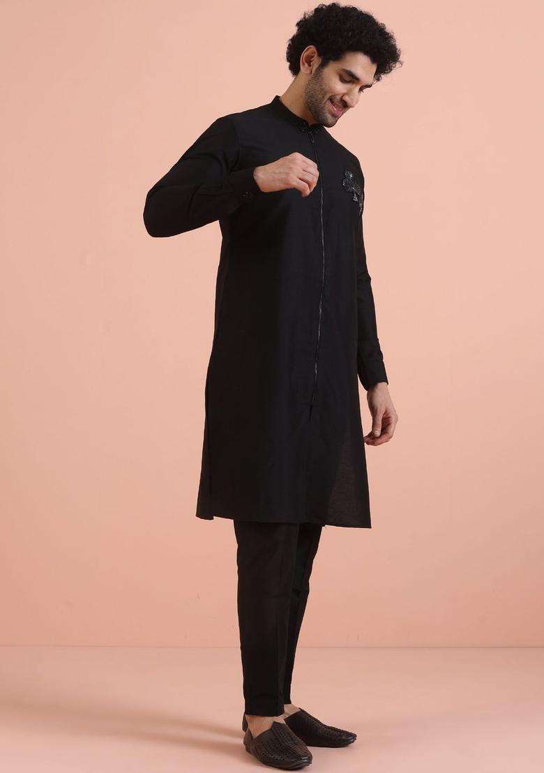 Black Solid Cotton Kurta Set For Men - Indya