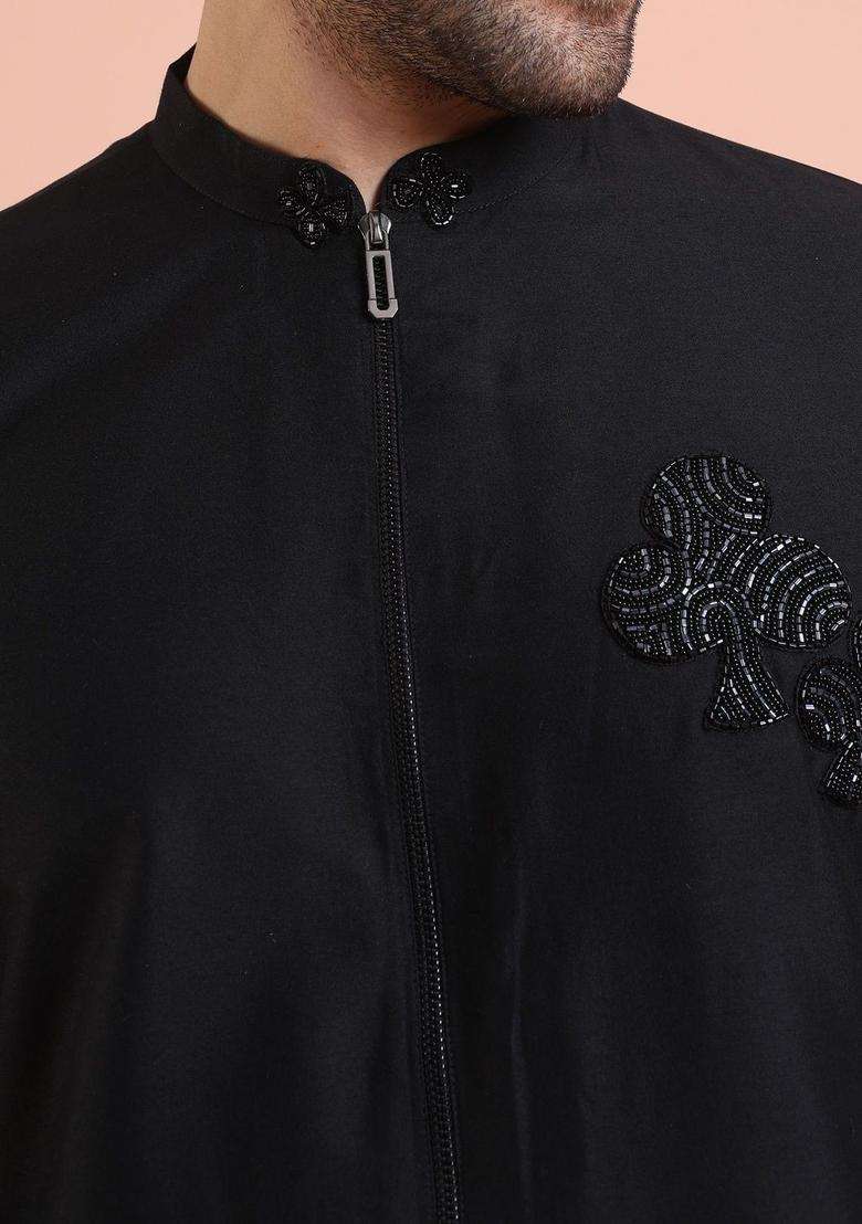 Black Solid Cotton Kurta Set For Men - Indya