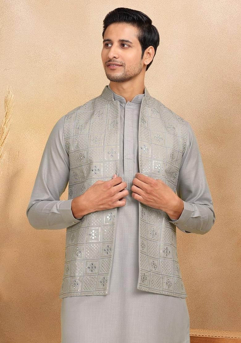 Grey Embroidered Cotton Kurta Set For Men - Indya