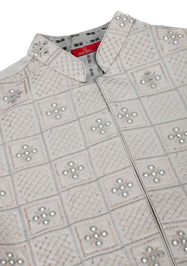 Grey Embroidered Cotton Kurta Set For Men - Indya