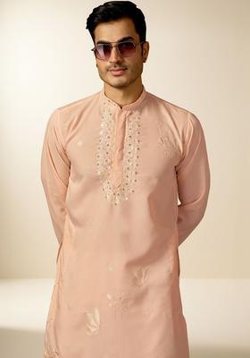 Peach Embroidered Cotton Kurta Set For Men