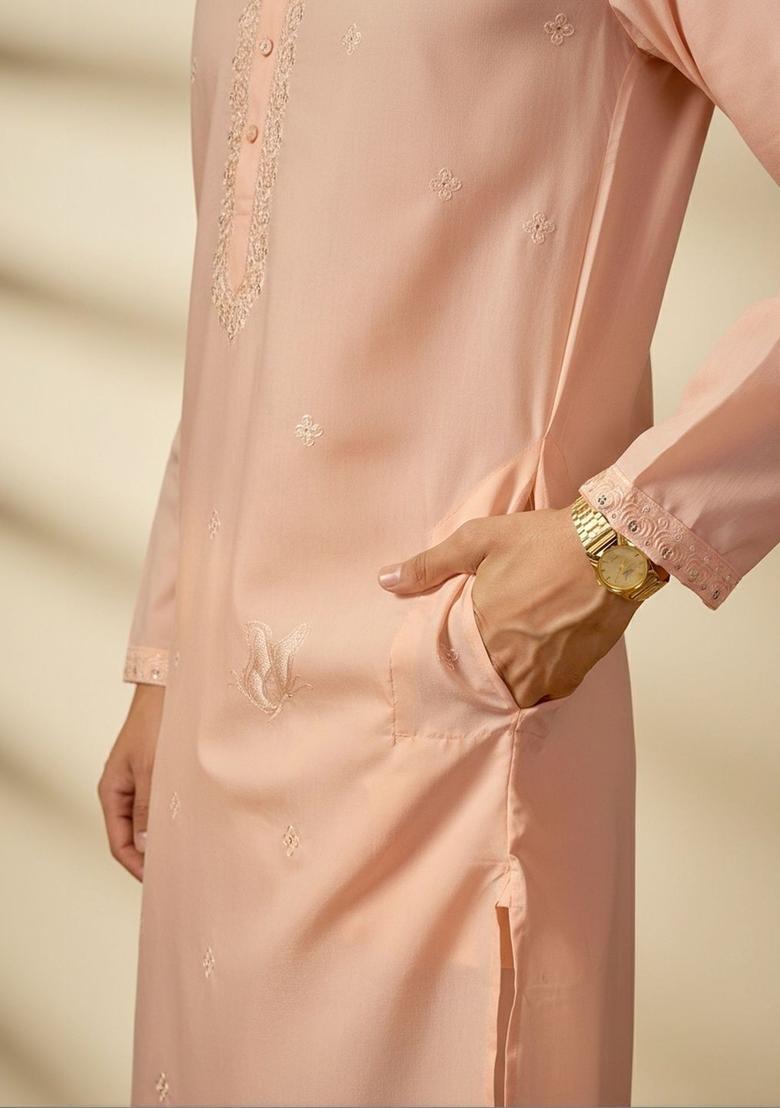 Peach Embroidered Cotton Kurta Set For Men - Indya