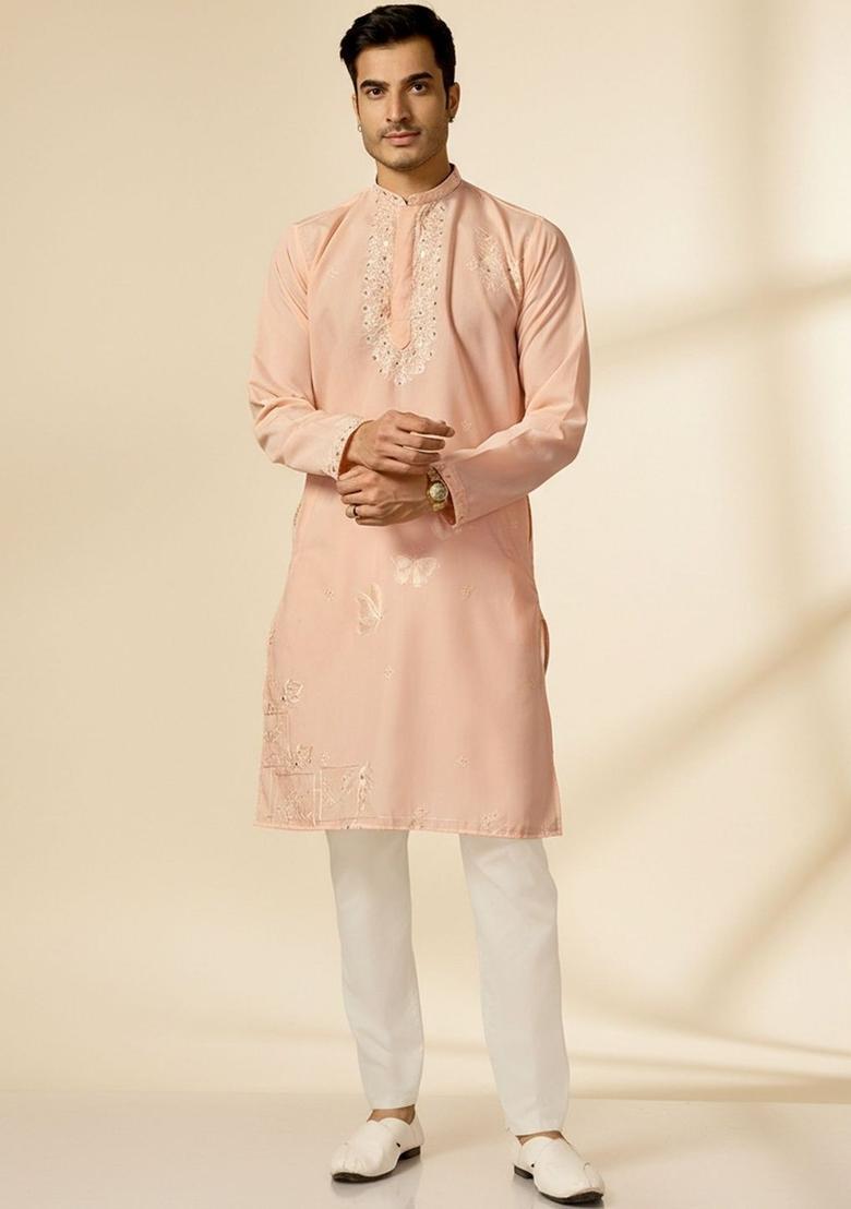 Peach Embroidered Cotton Kurta Set For Men - Indya