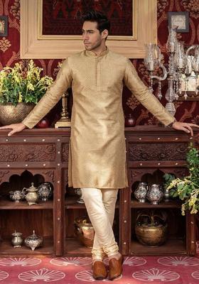 Beige Woven Design Silk Kurta Set For Men
