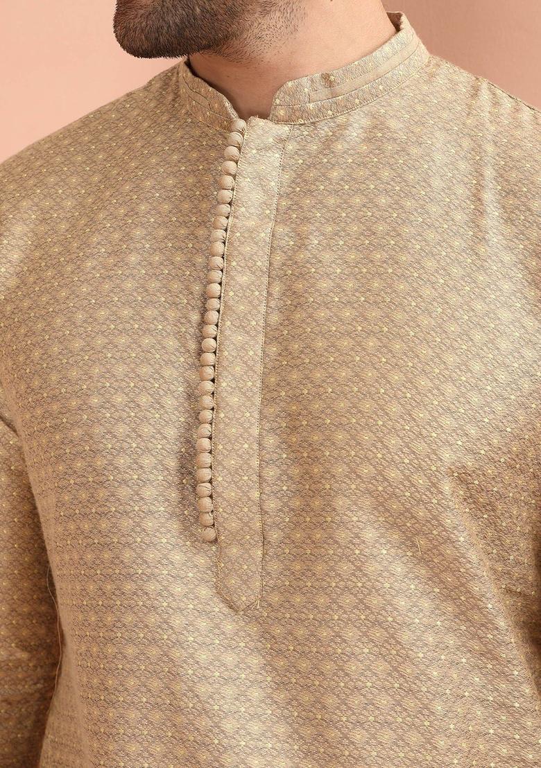 Beige Woven Design Silk Kurta Set For Men - Indya
