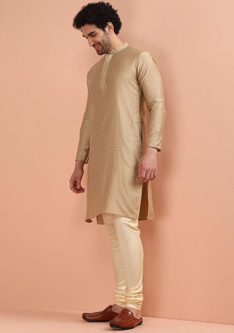 Beige Woven Design Silk Kurta Set For Men - Indya