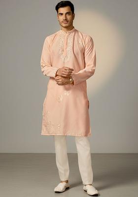Peach Embroidered Silk Kurta Set For Men