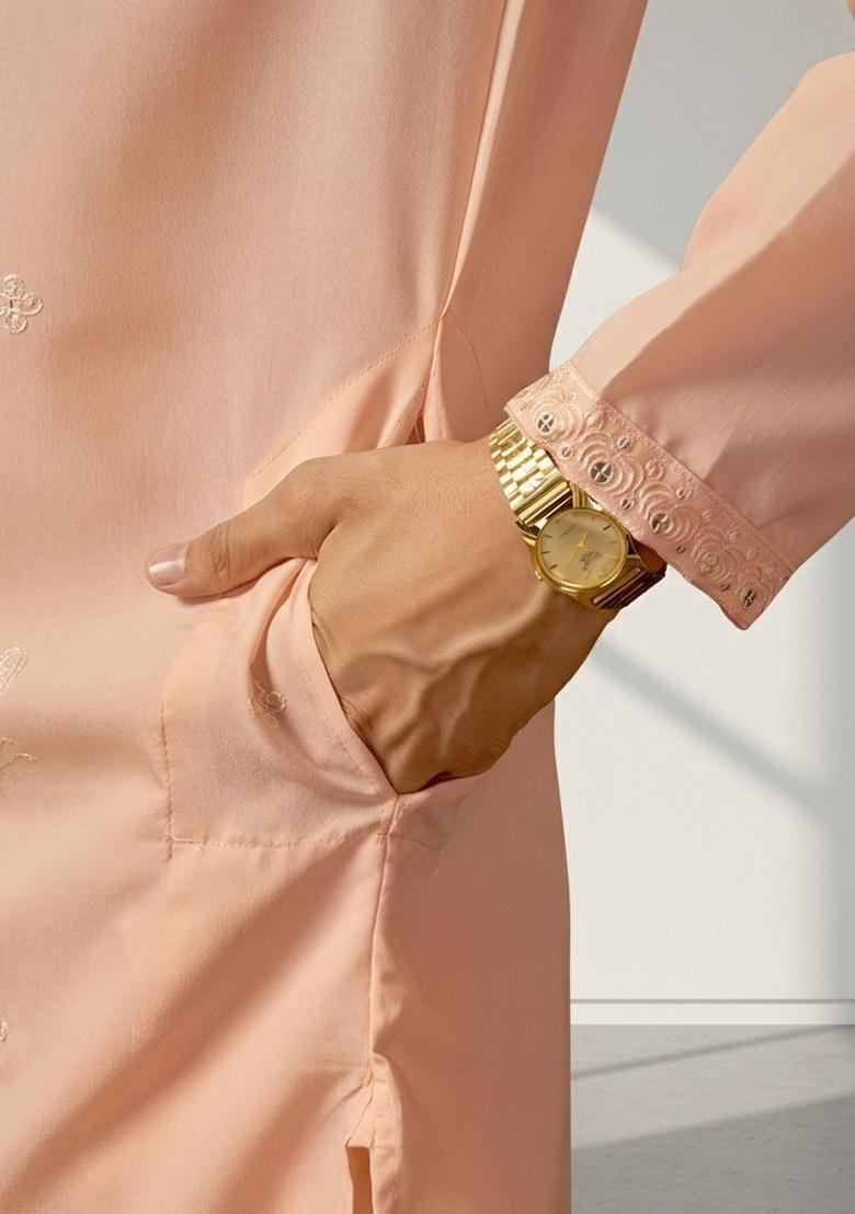 Peach Embroidered Silk Kurta Set For Men - Indya