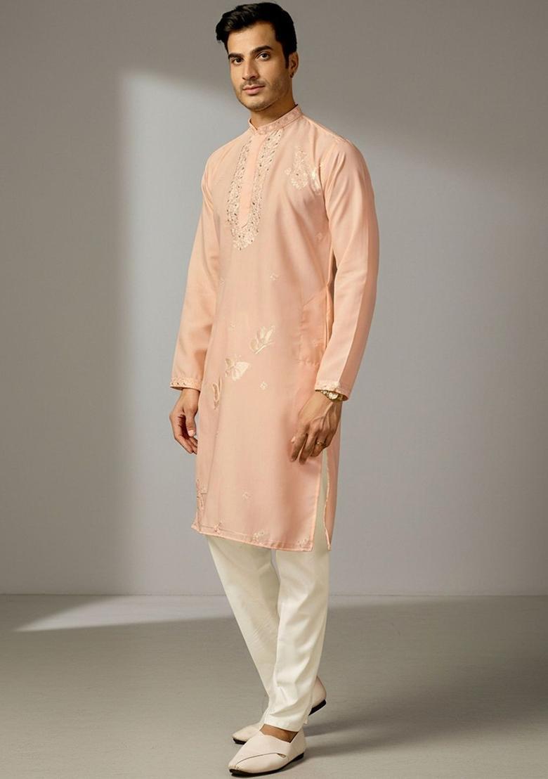Peach Embroidered Silk Kurta Set For Men - Indya
