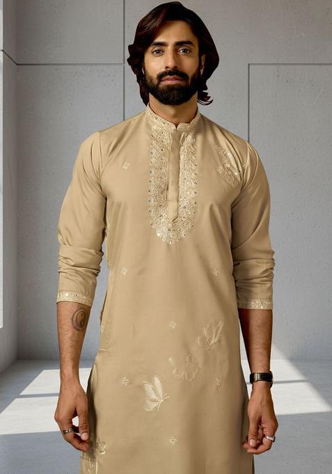 Beige Embroidered Silk Kurta Set For Men