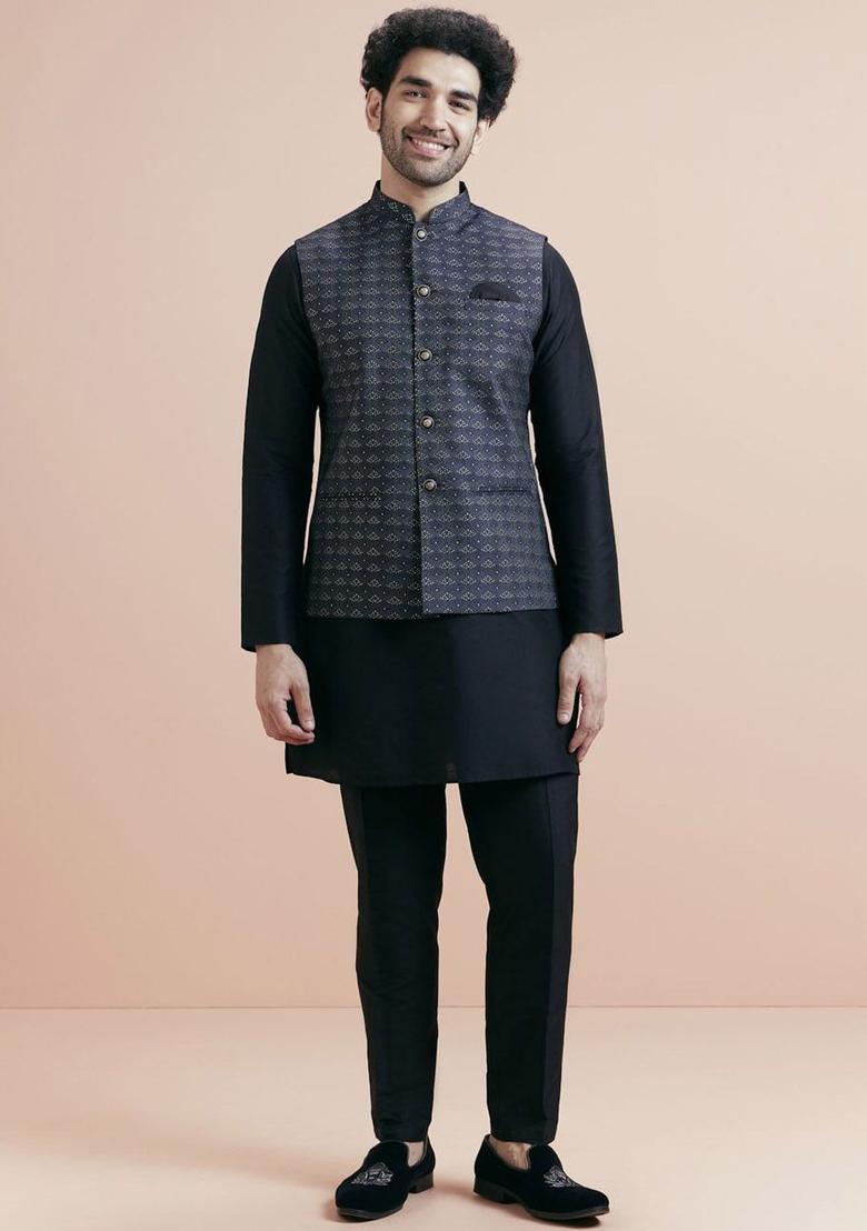Black Solid Silk Kurta Set For Men - Indya