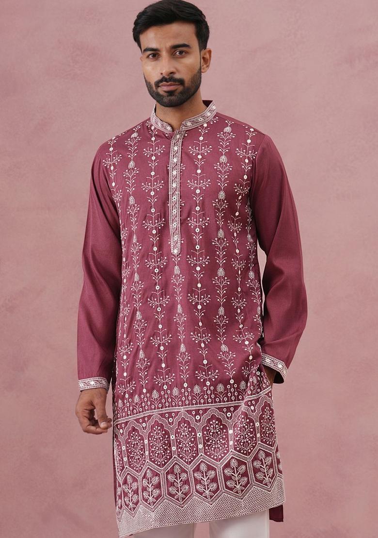 Maroon Embroidered Silk Kurta Set For Men - Indya