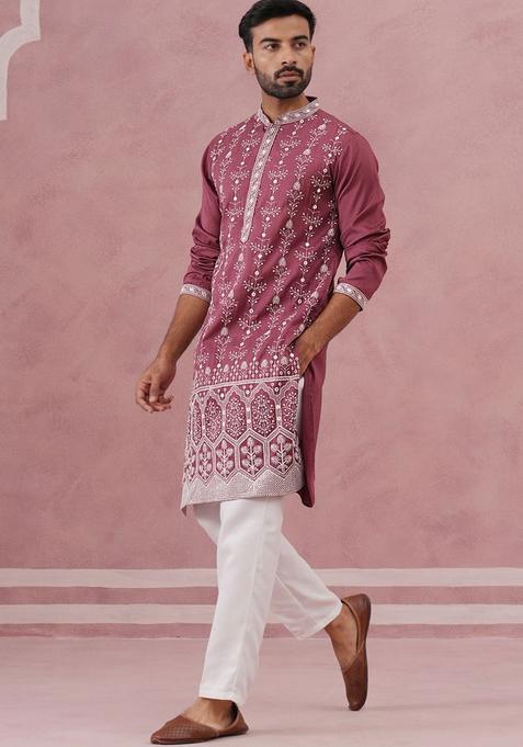 Maroon Embroidered Silk Kurta Set For Men