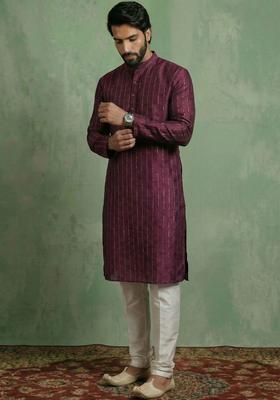 Maroon Woven Design Cotton Kurta Set For Men
