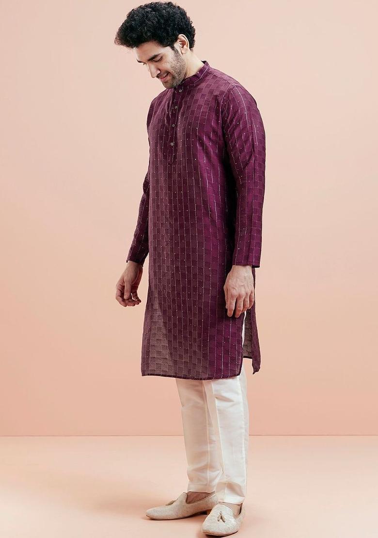 Maroon Woven Design Cotton Kurta Set For Men - Indya