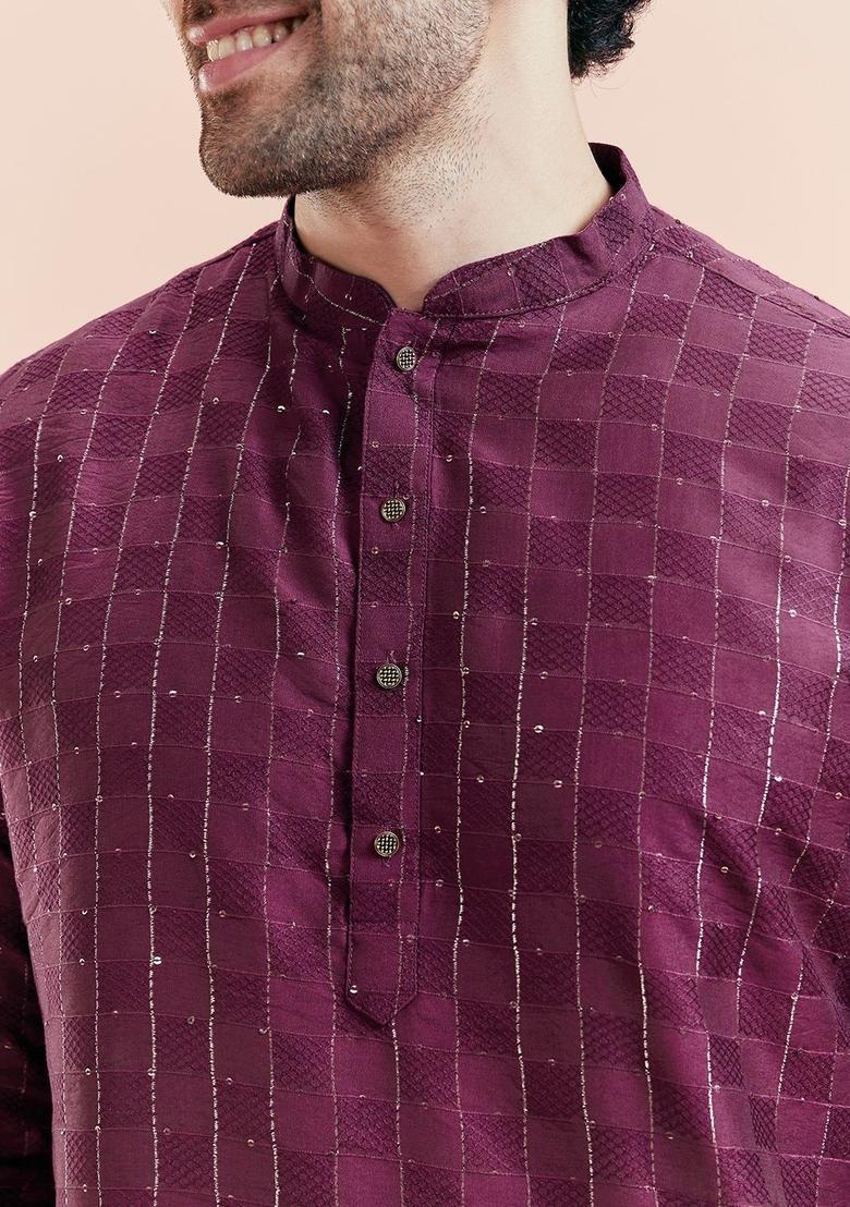 Maroon Woven Design Cotton Kurta Set For Men - Indya