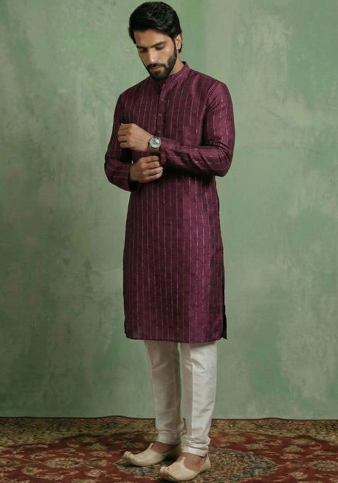 Maroon Woven Design Cotton Kurta Set For Men