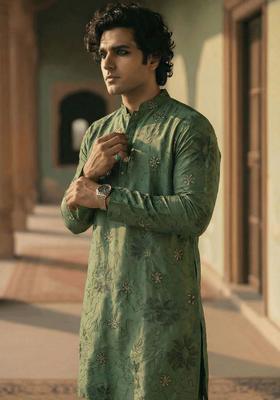 Olive Embroidered Cotton Kurta Set For Men