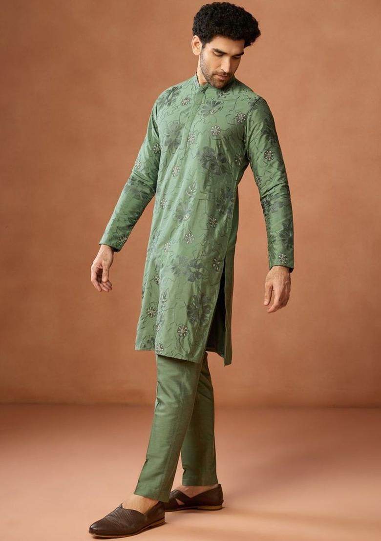 Olive Embroidered Cotton Kurta Set For Men - Indya