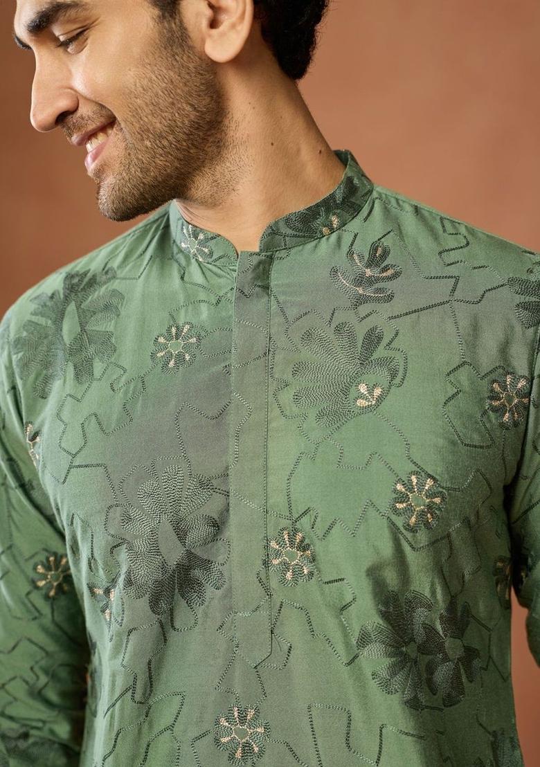 Olive Embroidered Cotton Kurta Set For Men - Indya