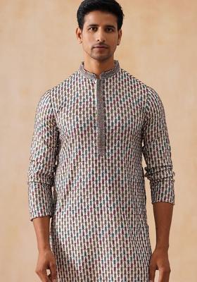 White Embroidered Viscose Kurta Set For Men